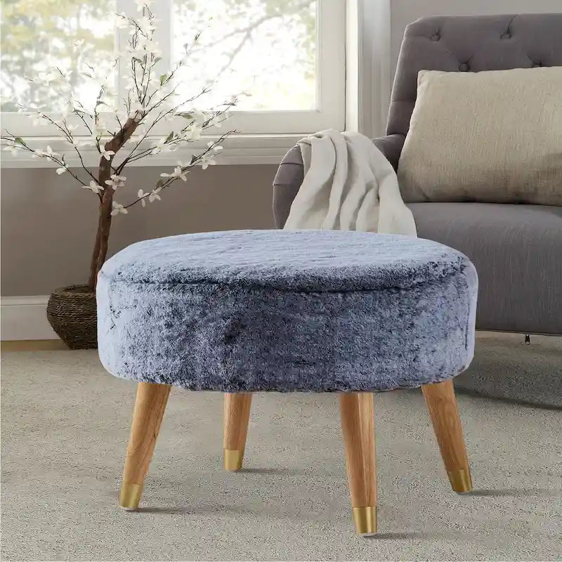 Round Faux Fur Ottoman with Wooden Legs, Multiple Colors Available