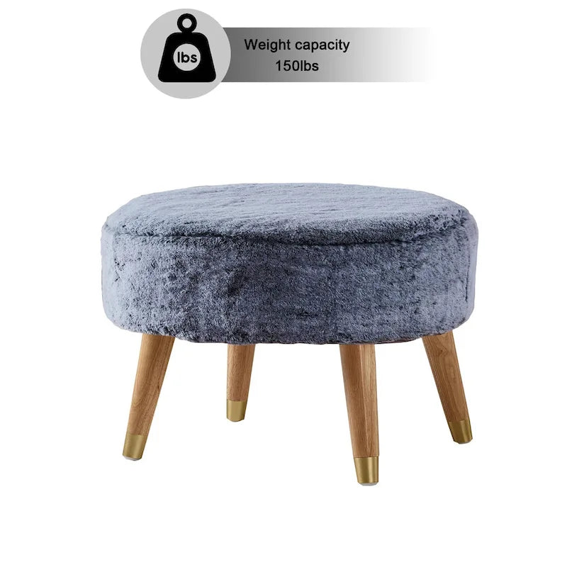 Round Faux Fur Ottoman with Wooden Legs, Multiple Colors Available