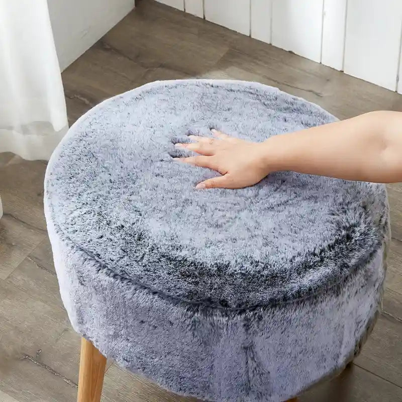 Round Faux Fur Ottoman with Wooden Legs, Multiple Colors Available