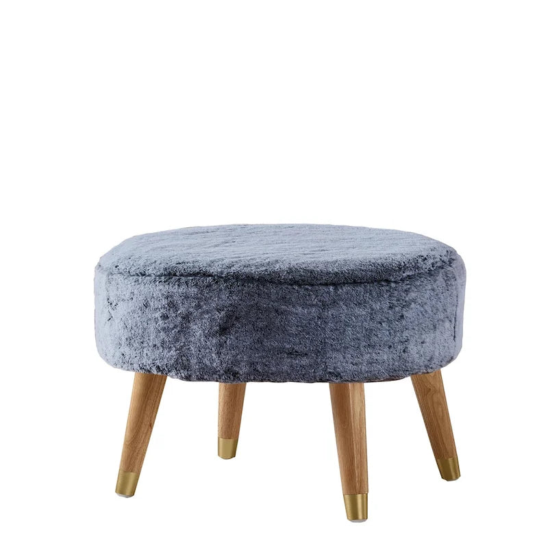 Round Faux Fur Ottoman with Wooden Legs, Multiple Colors Available