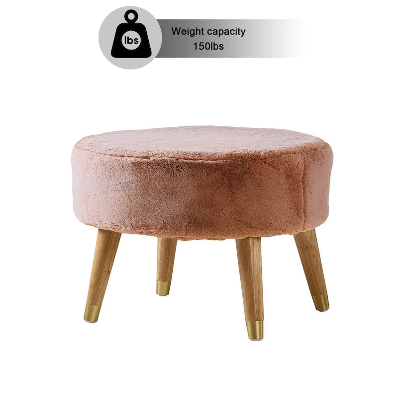 Round Faux Fur Ottoman with Wooden Legs, Multiple Colors Available