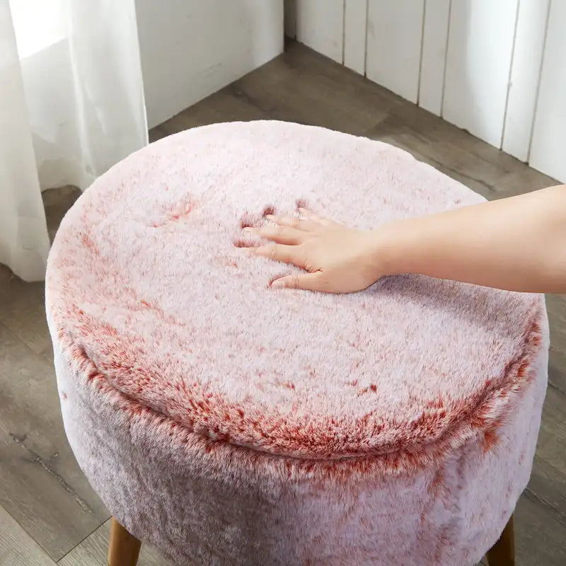 Round Faux Fur Ottoman with Wooden Legs, Multiple Colors Available