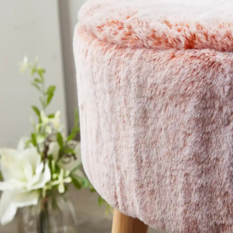 Round Faux Fur Ottoman with Wooden Legs, Multiple Colors Available