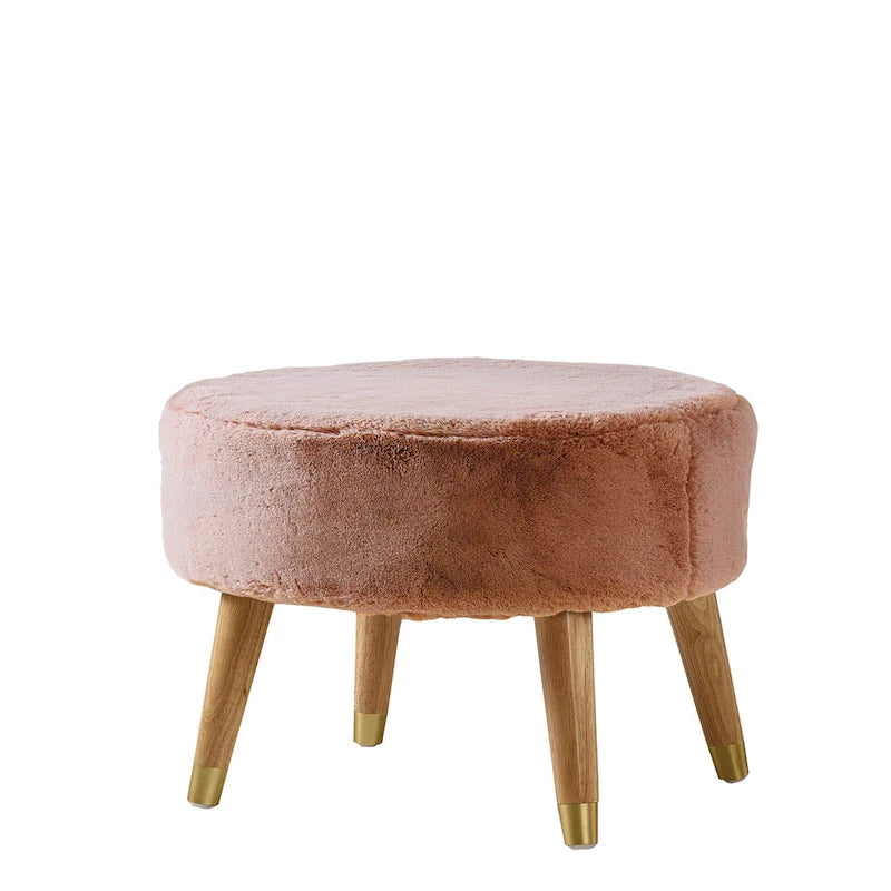 Round Faux Fur Ottoman with Wooden Legs, Multiple Colors Available
