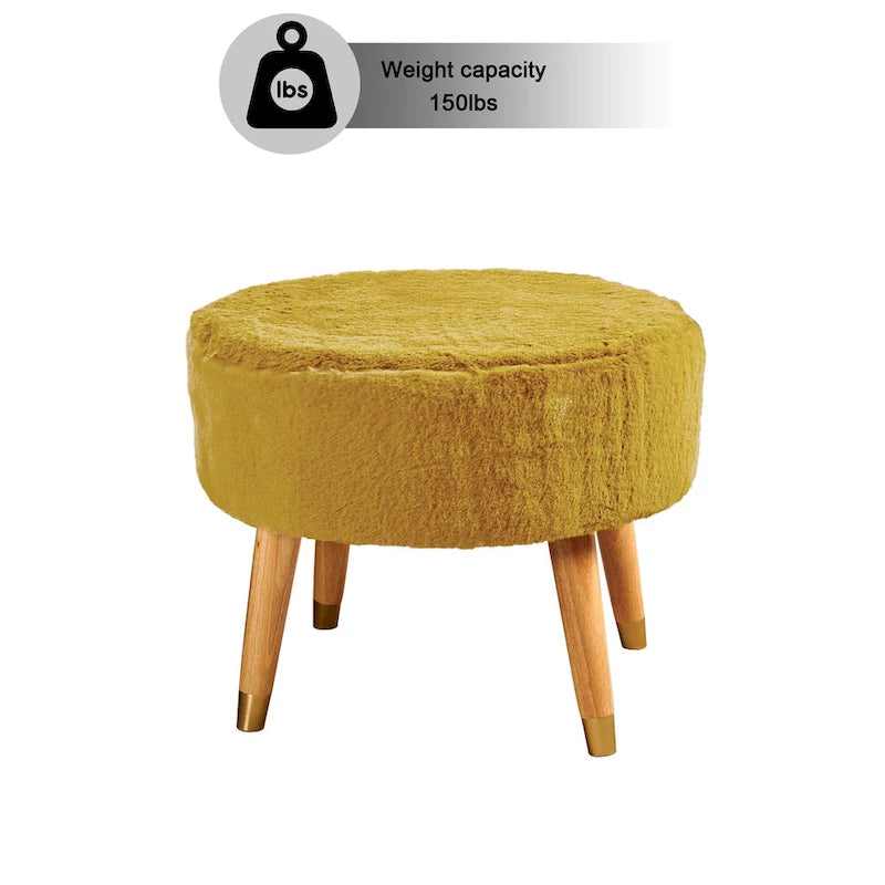 Round Faux Fur Ottoman with Wooden Legs, Multiple Colors Available
