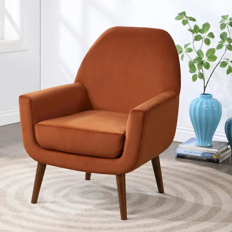 Mid-Century Velvet Upholstered Accent Arm Chair with Wooden Legs