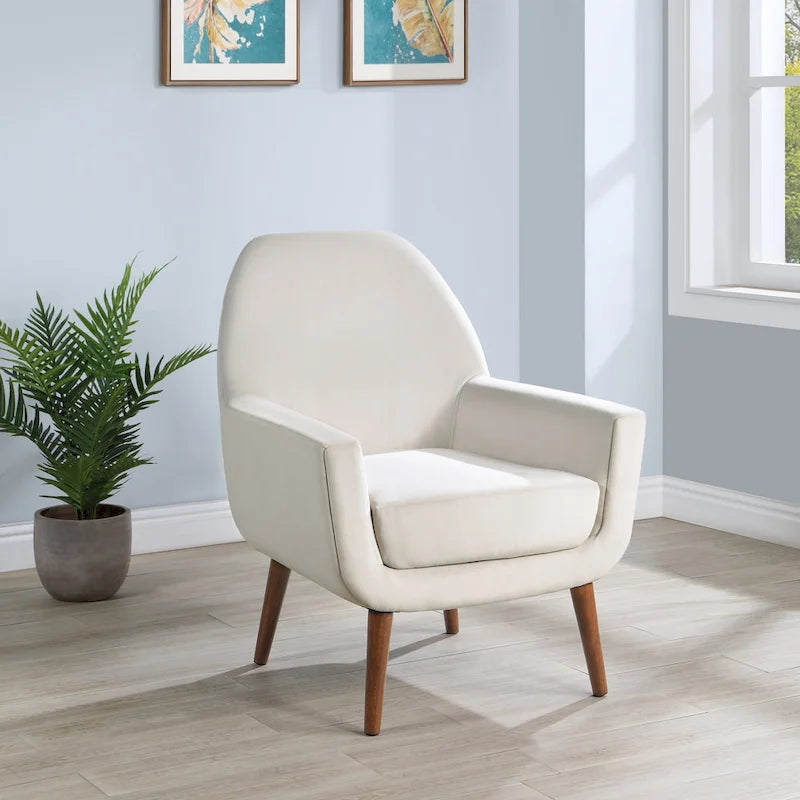 Mid-Century Velvet Upholstered Accent Arm Chair with Wooden Legs