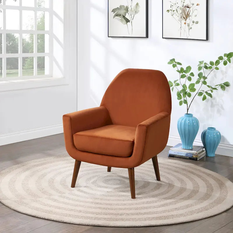 Mid-Century Velvet Upholstered Accent Arm Chair with Wooden Legs