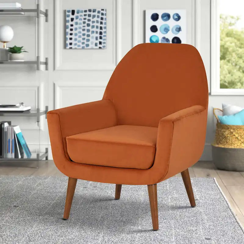 Mid-Century Velvet Upholstered Accent Arm Chair with Wooden Legs