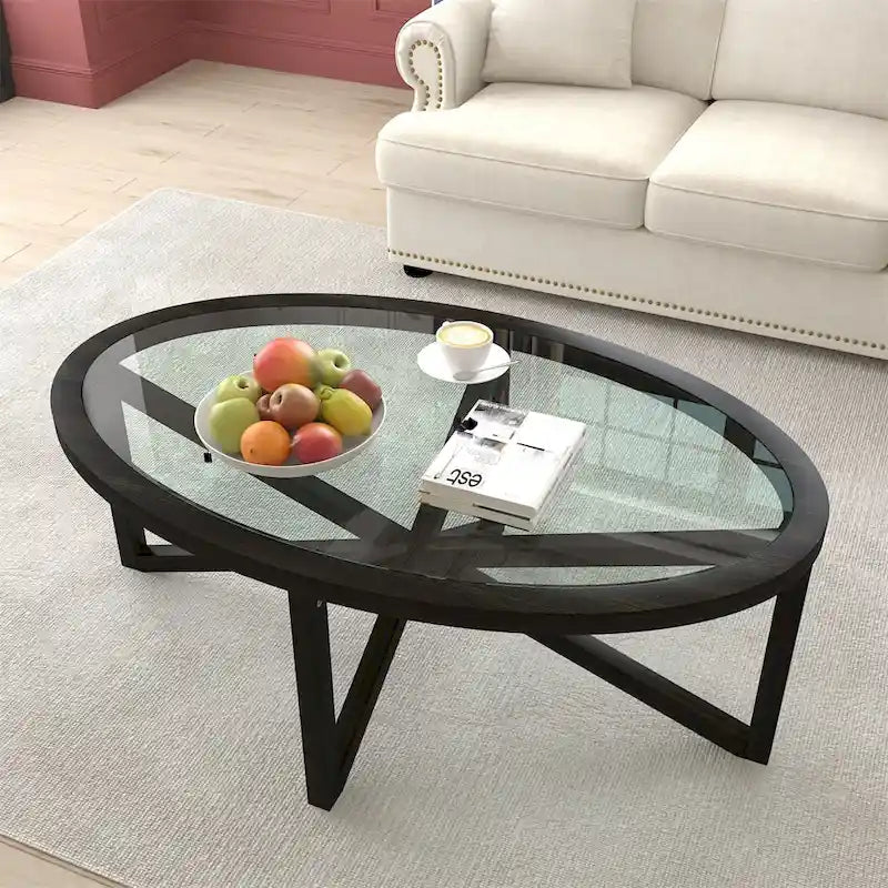 Mid-Century Round Tempered Glass Coffee Table with Solid Wood Tripod Base, Black