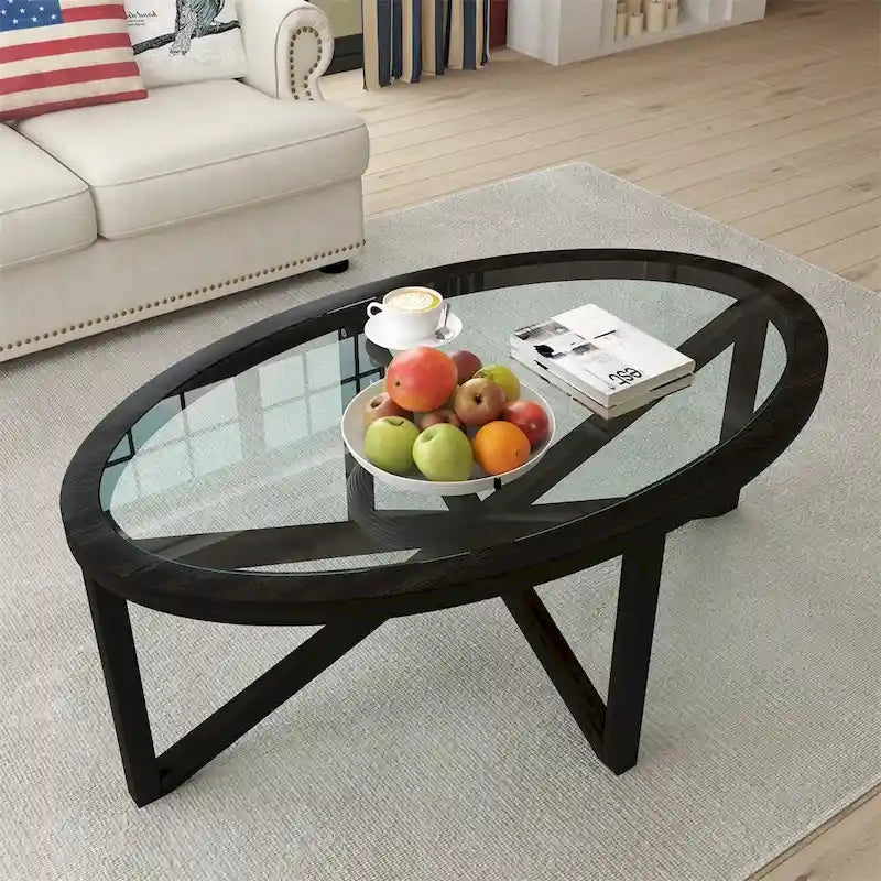 Mid-Century Round Tempered Glass Coffee Table with Solid Wood Tripod Base, Black