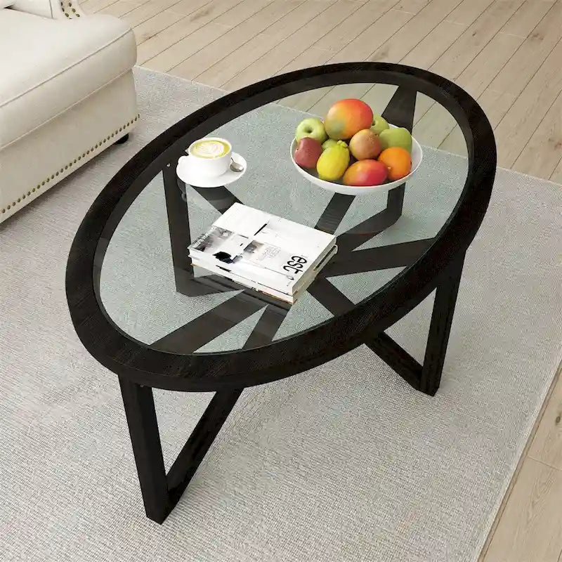 Mid-Century Round Tempered Glass Coffee Table with Solid Wood Tripod Base, Black