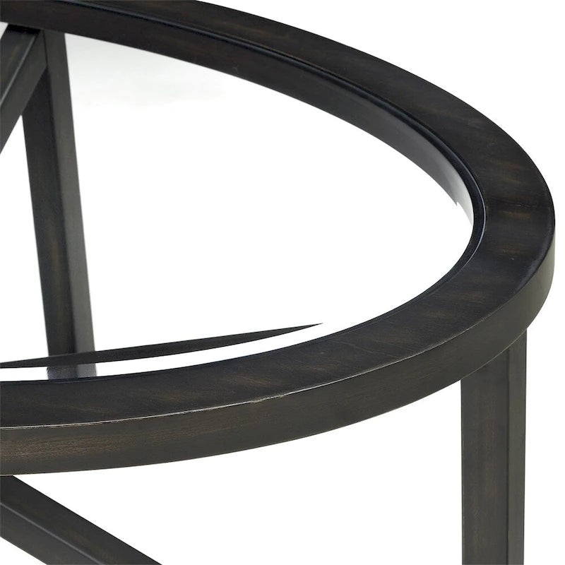 Tavolino rotondo da caffè in vetro temperato in stile metà secolo, con base a treppiede in legno massello, nero