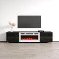 Moderner weißer TV-Ständer mit Hochglanzfinish, elektrischem Kamin und Stauraumschubladen