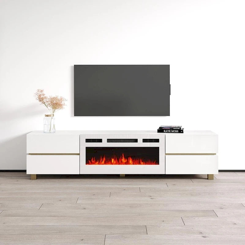 Modern White High Gloss Electric Fireplace TV Stand with Storage Drawers