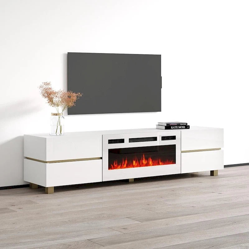 Moderner weißer TV-Ständer mit Hochglanzfinish, elektrischem Kamin und Stauraumschubladen