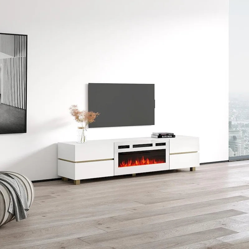 Moderner weißer TV-Ständer mit Hochglanzfinish, elektrischem Kamin und Stauraumschubladen