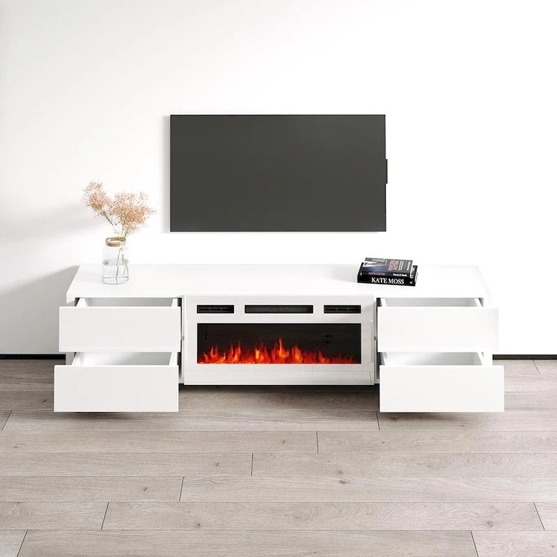 Modern White High Gloss Electric Fireplace TV Stand with Storage Drawers