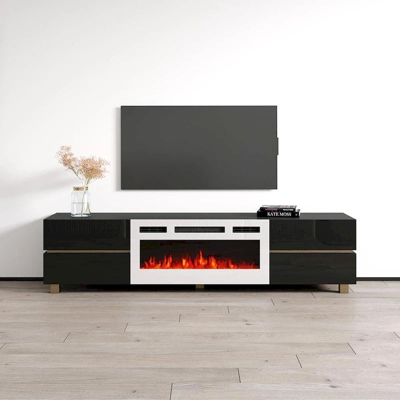 Moderner weißer TV-Ständer mit Hochglanzfinish, elektrischem Kamin und Stauraumschubladen