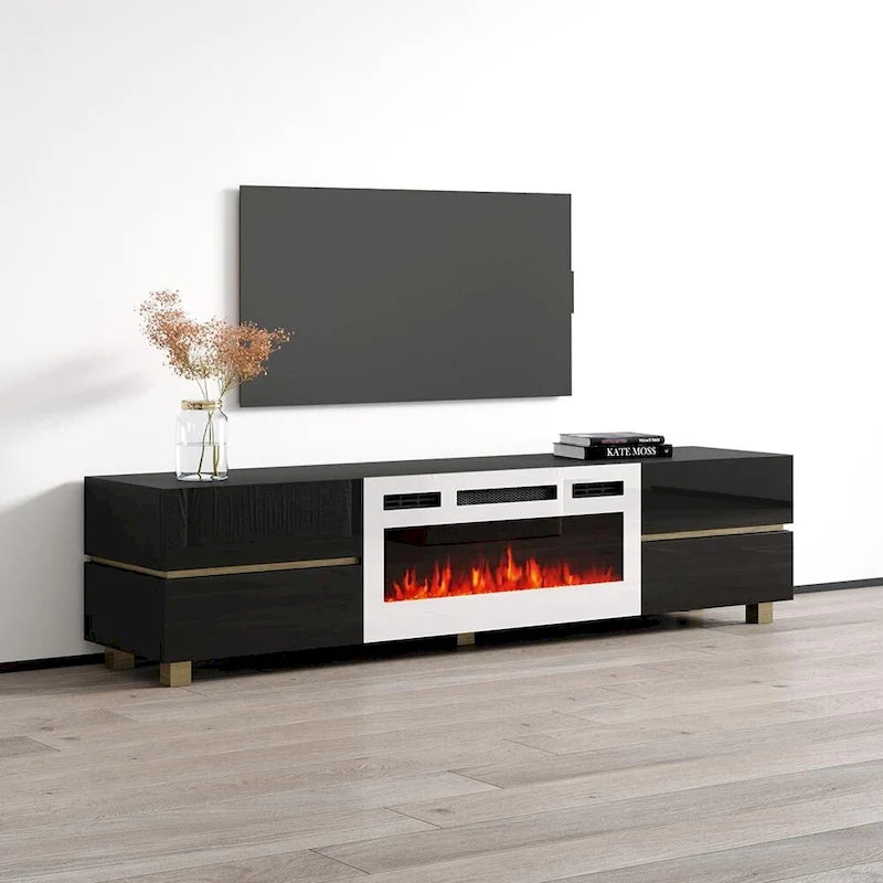 Moderner weißer TV-Ständer mit Hochglanzfinish, elektrischem Kamin und Stauraumschubladen
