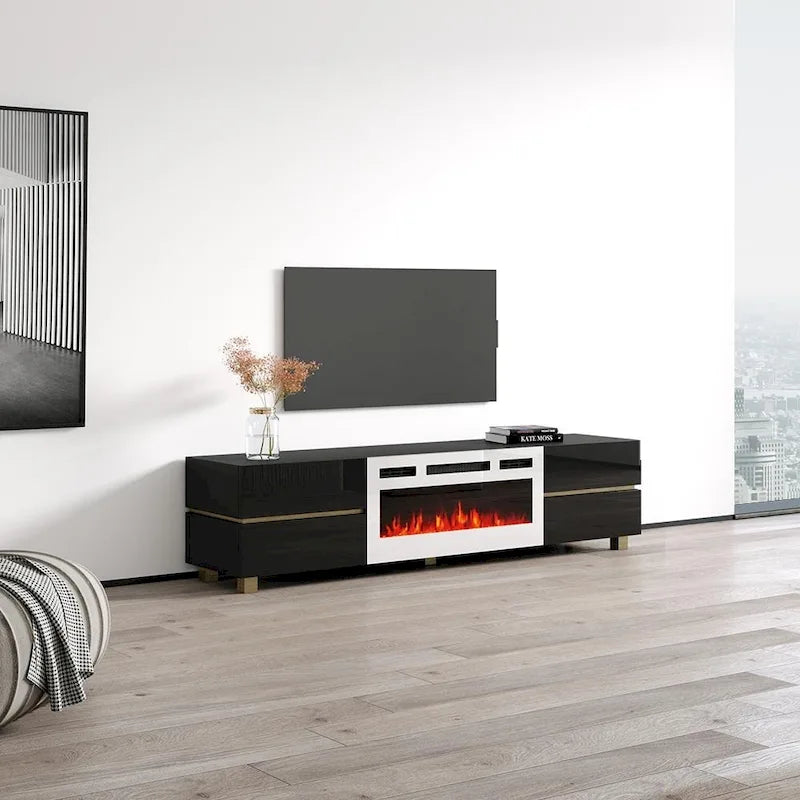 Moderner weißer TV-Ständer mit Hochglanzfinish, elektrischem Kamin und Stauraumschubladen