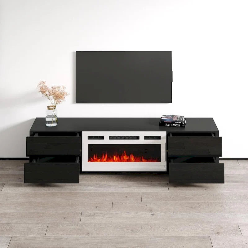 Moderner weißer TV-Ständer mit Hochglanzfinish, elektrischem Kamin und Stauraumschubladen