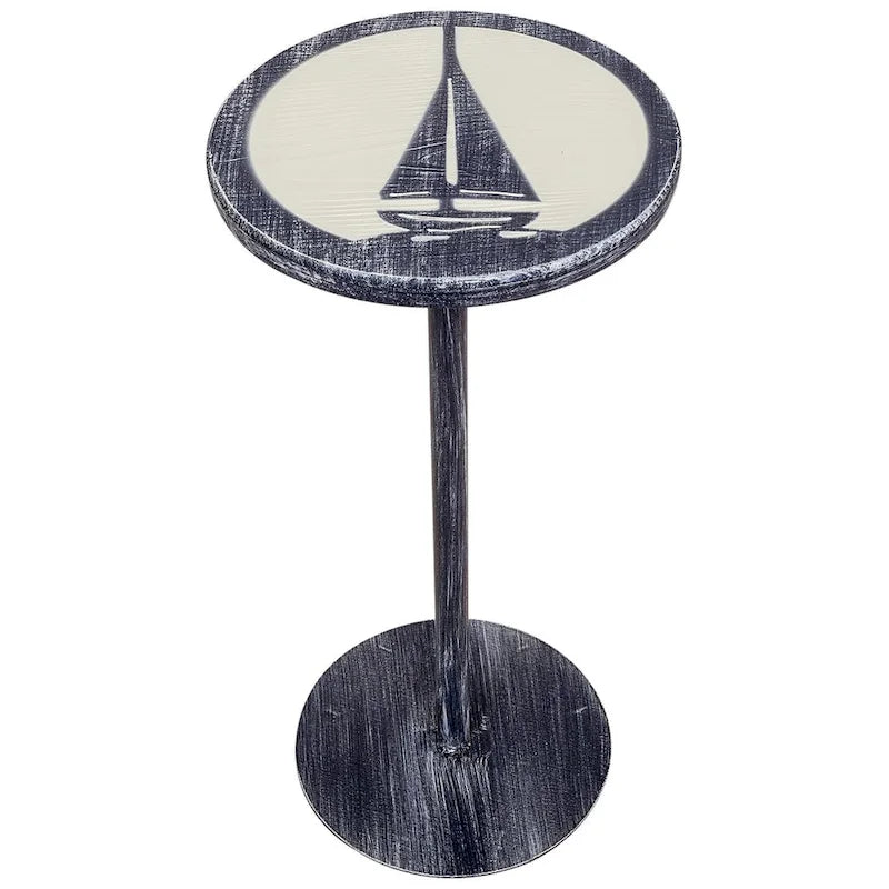 Round Nautical Accent Drink Table Hand Painted Navy Blue Distressed Finish