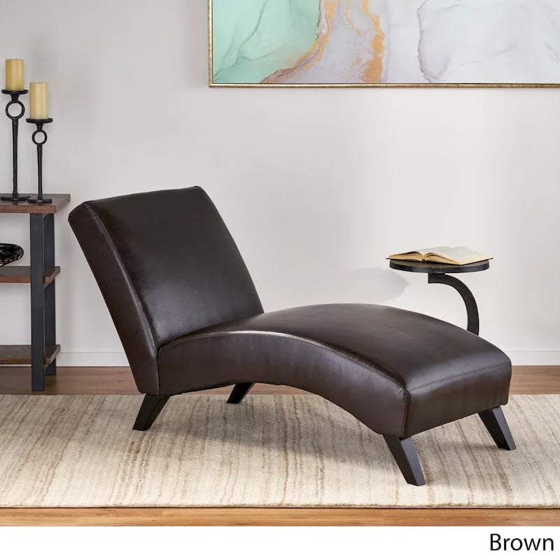 Brown Bonded Leather Chaise Lounge with Dark Wood Legs