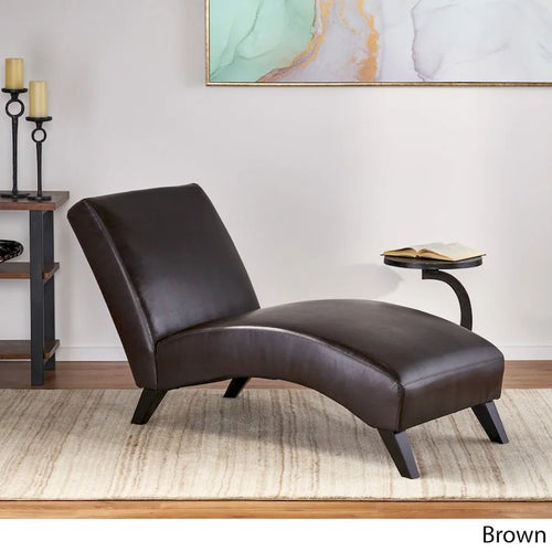 Brown Bonded Leather Chaise Lounge with Dark Wood Legs