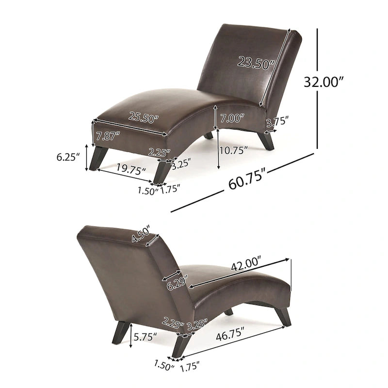 Brown Bonded Leather Chaise Lounge with Dark Wood Legs
