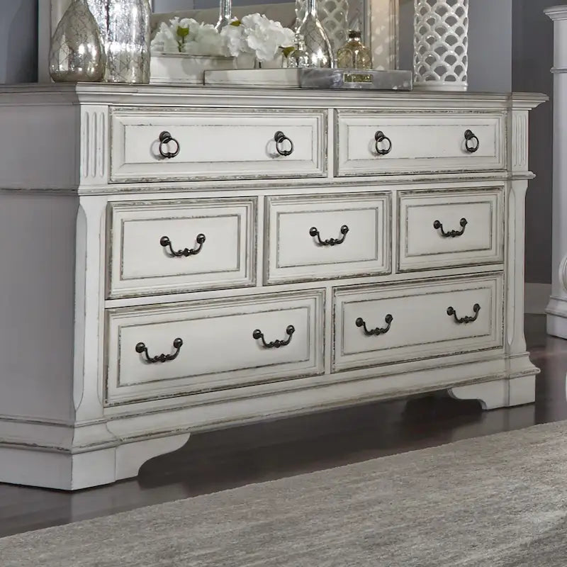 Antique White Weathered Brown 7-Drawer Dresser European Traditional Style