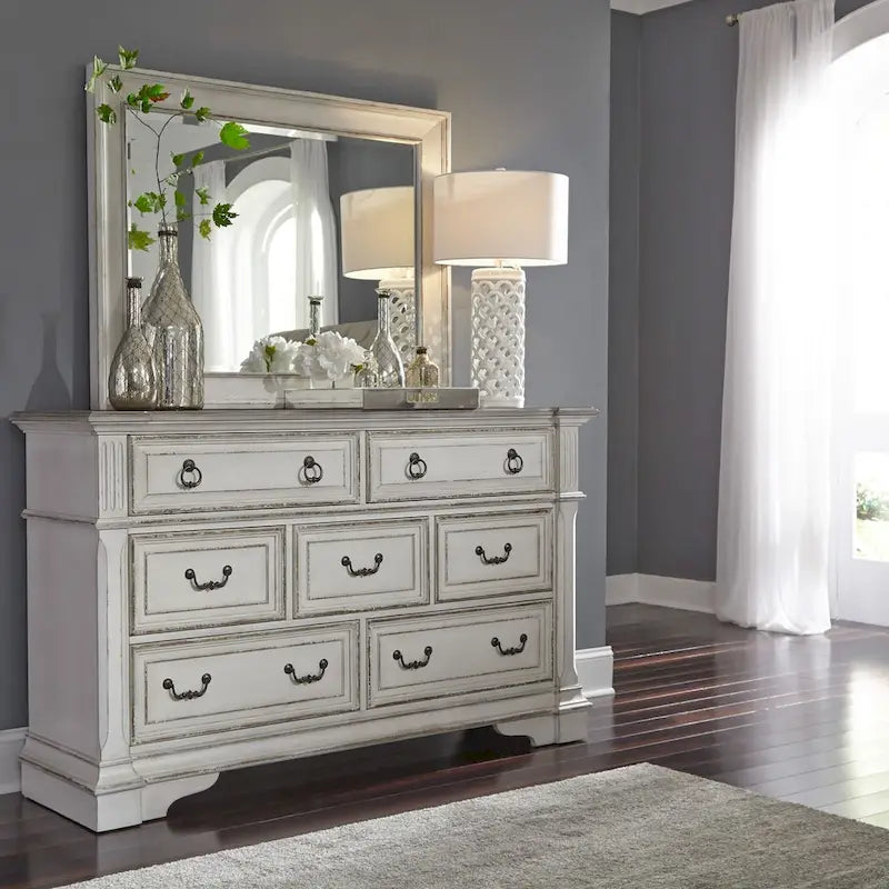 Antique White Weathered Brown 7-Drawer Dresser European Traditional Style