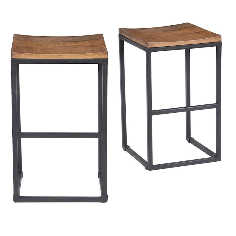 Mango Wood and Iron Backless Bar Stool with Honey Brown Finish