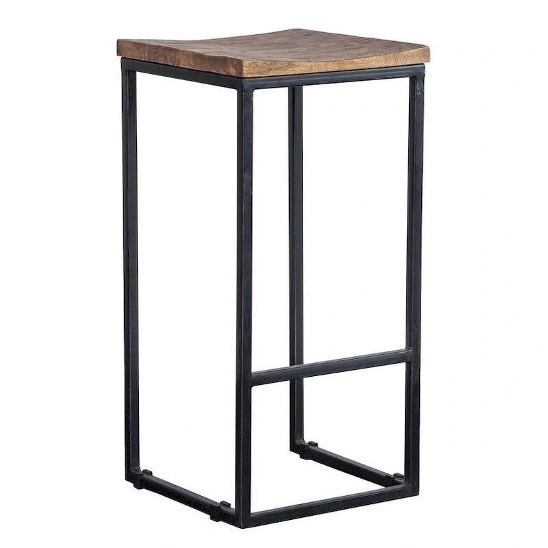 Mango Wood and Iron Backless Bar Stool with Honey Brown Finish