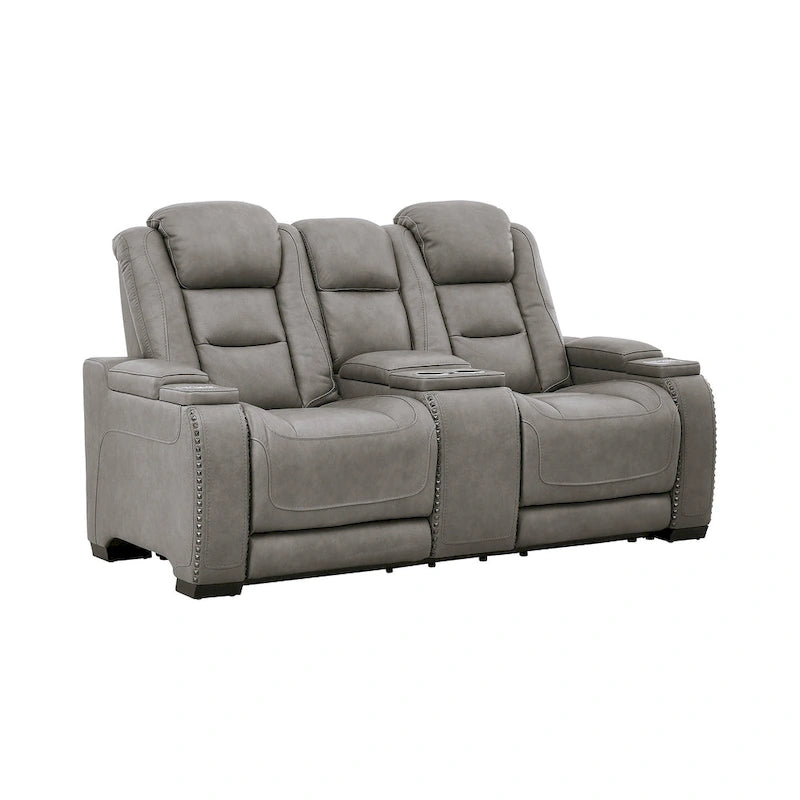 Grey Genuine Leather Power Reclining Loveseat with Center Console and Nailhead Trim