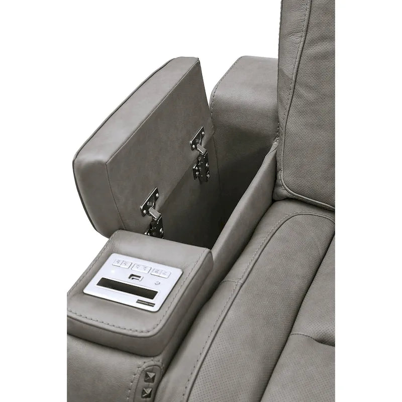 Grey Genuine Leather Power Reclining Loveseat with Center Console and Nailhead Trim