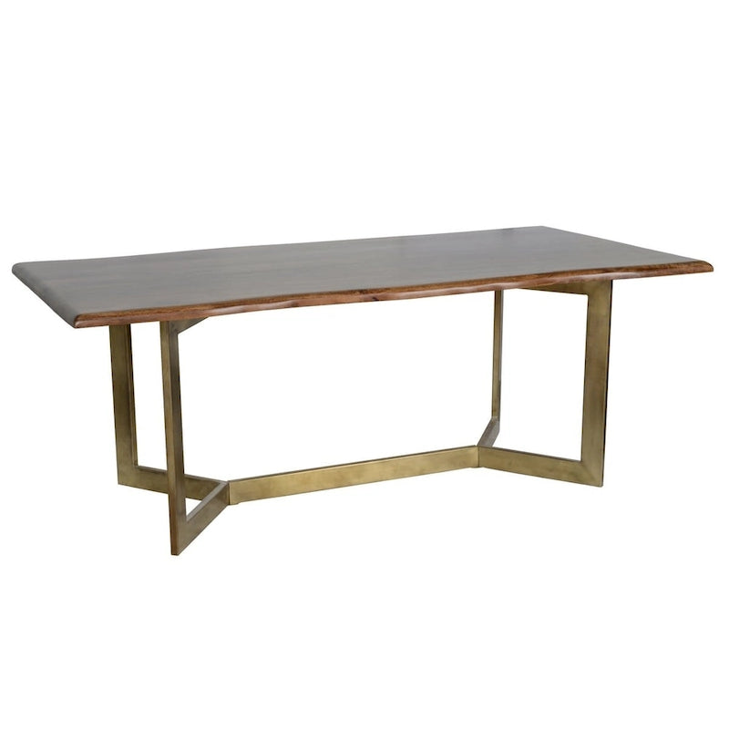 Jídelní stůl z masivního mangového dřeva s přírodní hranou a bronzovými železnými nohami, středně hnědý