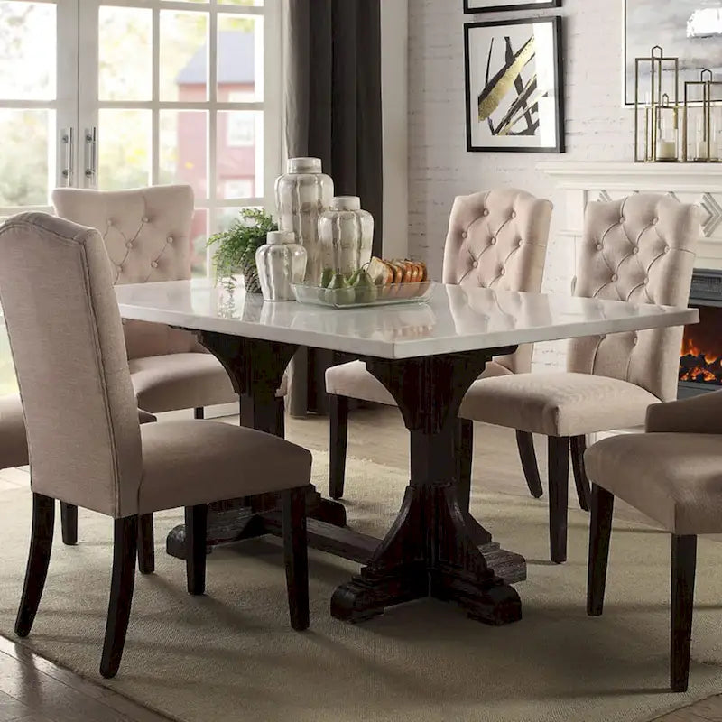 Rectangular White Marble Top Dining Table with Weathered Espresso Trestle Base