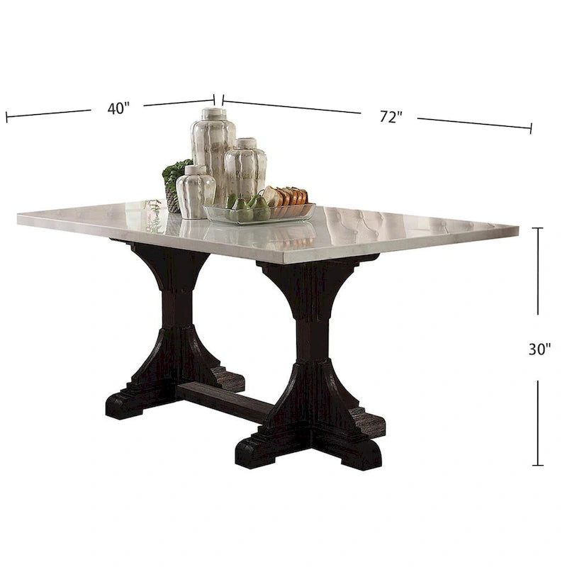 Mesa de jantar retangular com tampo de mármore branco e base de cavalete em espresso envelhecido