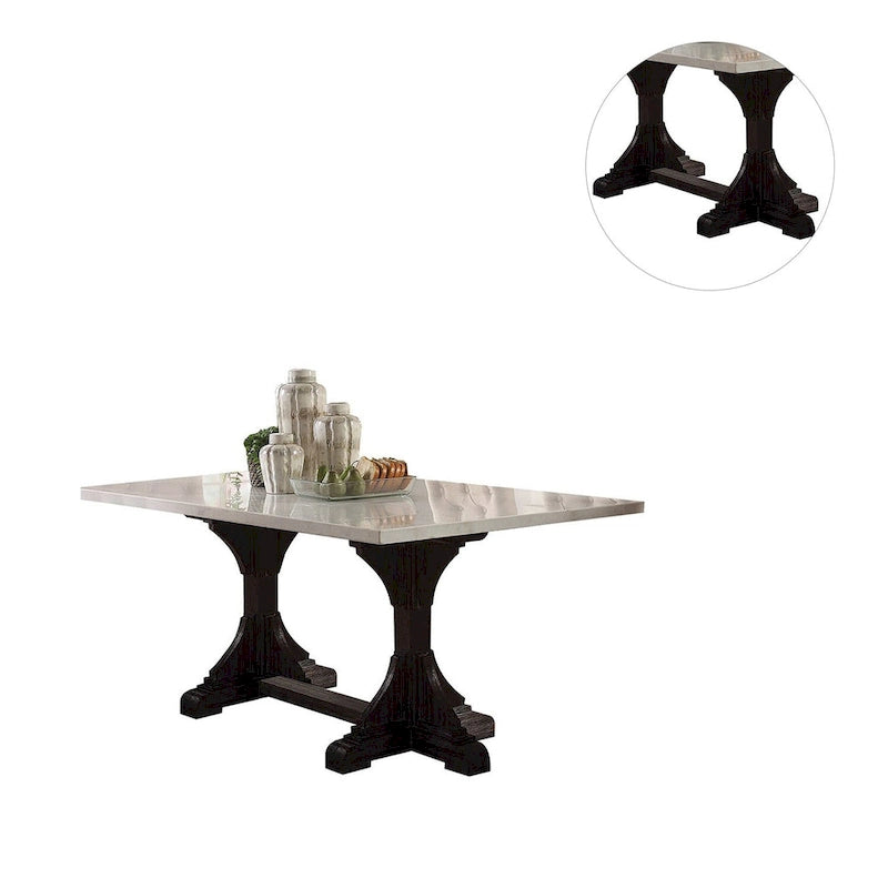 Mesa de jantar retangular com tampo de mármore branco e base de cavalete em espresso envelhecido
