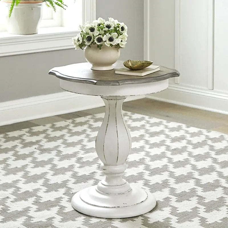 Antique White Round Accent Table with Pedestal Base Two-Tone Finish