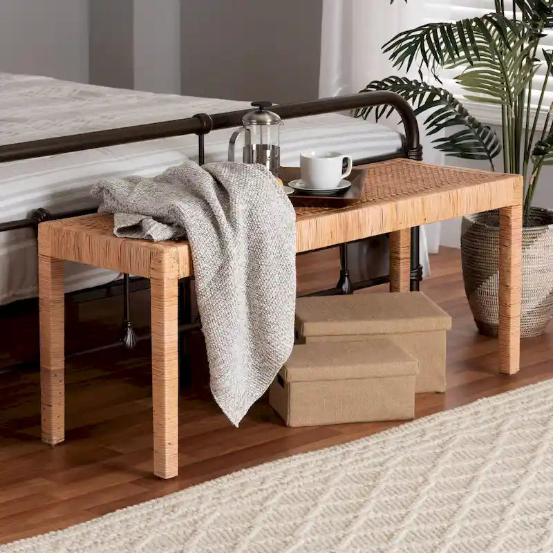 Woven Rattan Mahogany Wood Rectangular Accent Bench Natural Brown