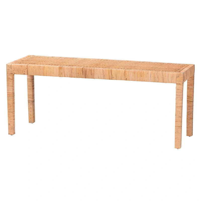 Woven Rattan Mahogany Wood Rectangular Accent Bench Natural Brown
