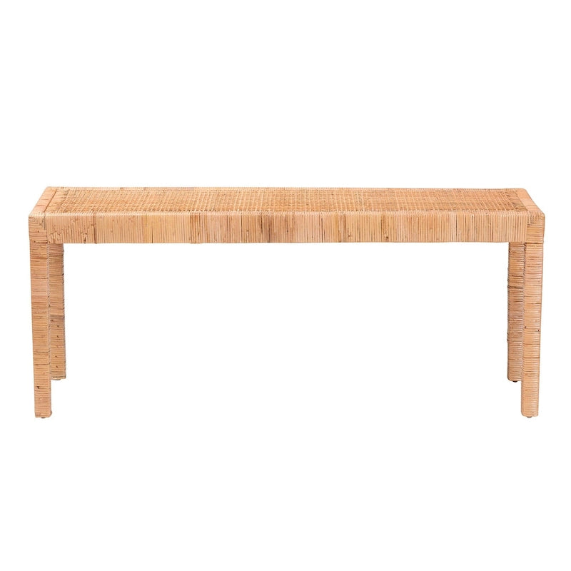 Woven Rattan Mahogany Wood Rectangular Accent Bench Natural Brown