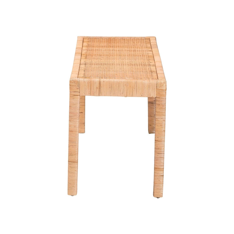 Woven Rattan Mahogany Wood Rectangular Accent Bench Natural Brown
