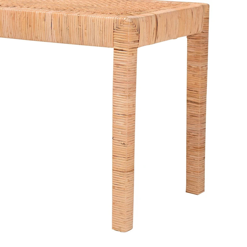 Woven Rattan Mahogany Wood Rectangular Accent Bench Natural Brown