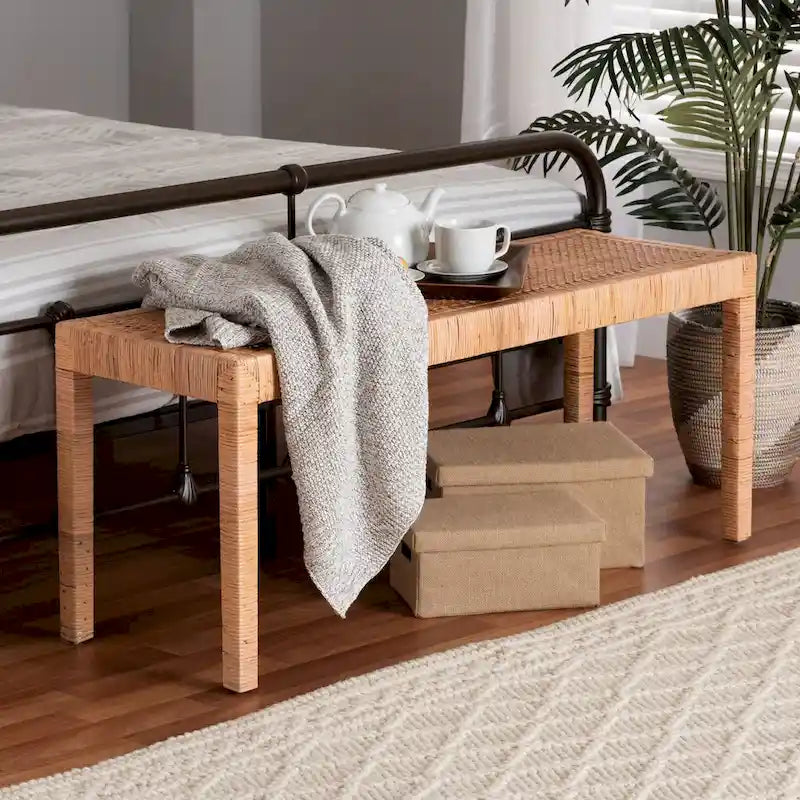 Woven Rattan Mahogany Wood Rectangular Accent Bench Natural Brown