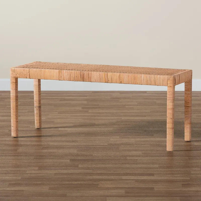 Woven Rattan Mahogany Wood Rectangular Accent Bench Natural Brown