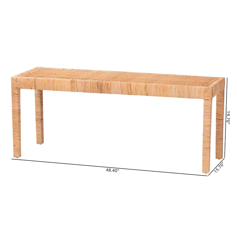 Woven Rattan Mahogany Wood Rectangular Accent Bench Natural Brown