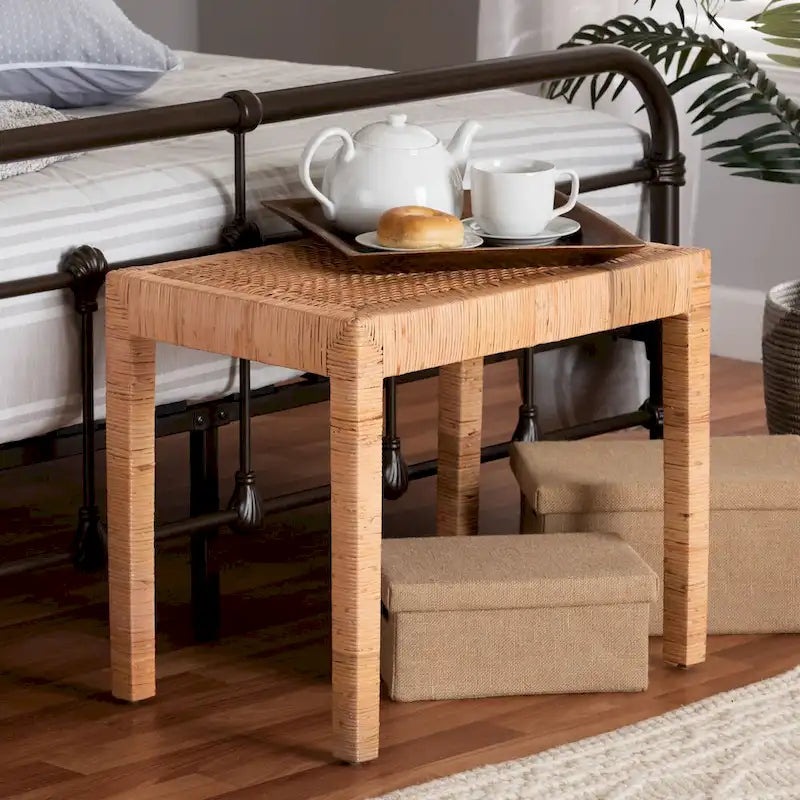 Woven Rattan Mahogany Wood Rectangular Accent Bench Natural Brown